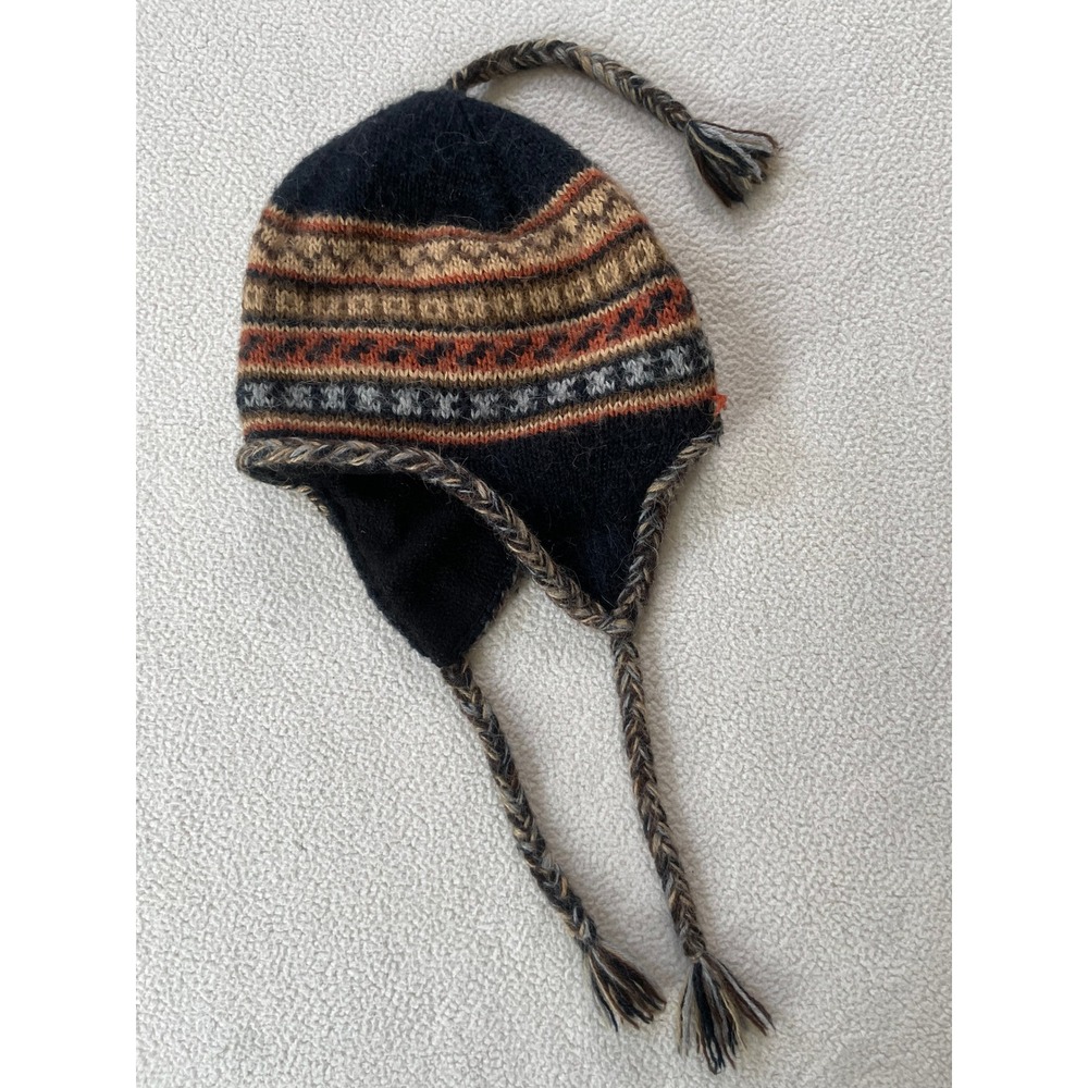 Classic Alpaca One Size Chullo Hat Black Fair Isle Fleece Lined Peru Ear Flaps